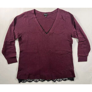 Torrid Sweater Women's Size 3 Burgundy Long Sleeve Lace Trim V Neck Casual Knit